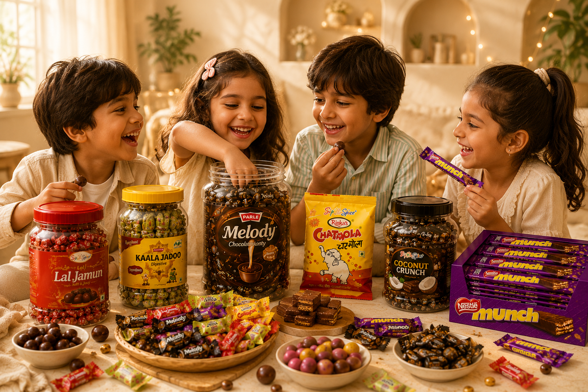 Four children gathered around a table filled with assorted packaged snacks and candy jars in a warm, decorated indoor setting. Visible products include Lal Jamuna Lal Jamun, Kalla Ambro, Cadbury's Coco Choc, and Cadbury's Munch.